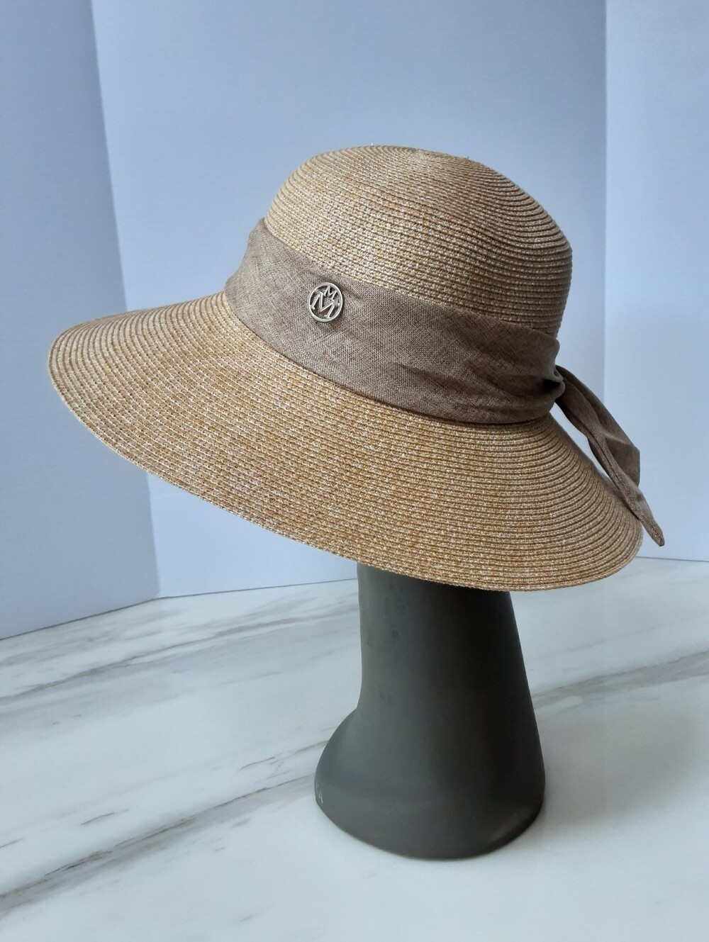 MAISON MICHEL Paris Tan Linen Band Wide Brim Natural Straw Hat - NWOT